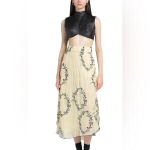 GANNI NWT Pale Yellow Black Floral Shadow Flan Pleated Midi Skirt Size 36 - US 4